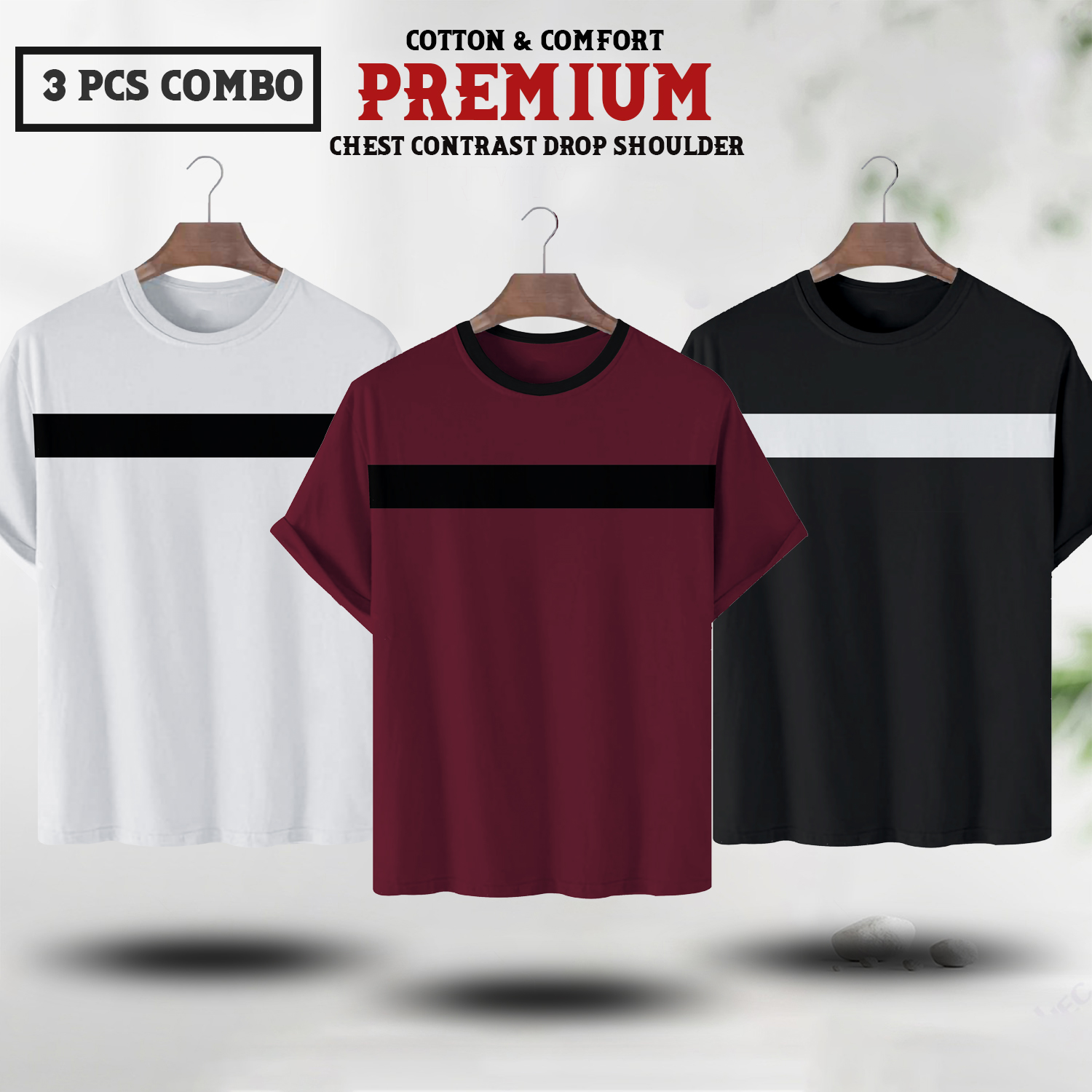 Soft Comfort Drop Shoulder Premium T-Shirt - C1- White - C2 - Maroon - C3 - Black