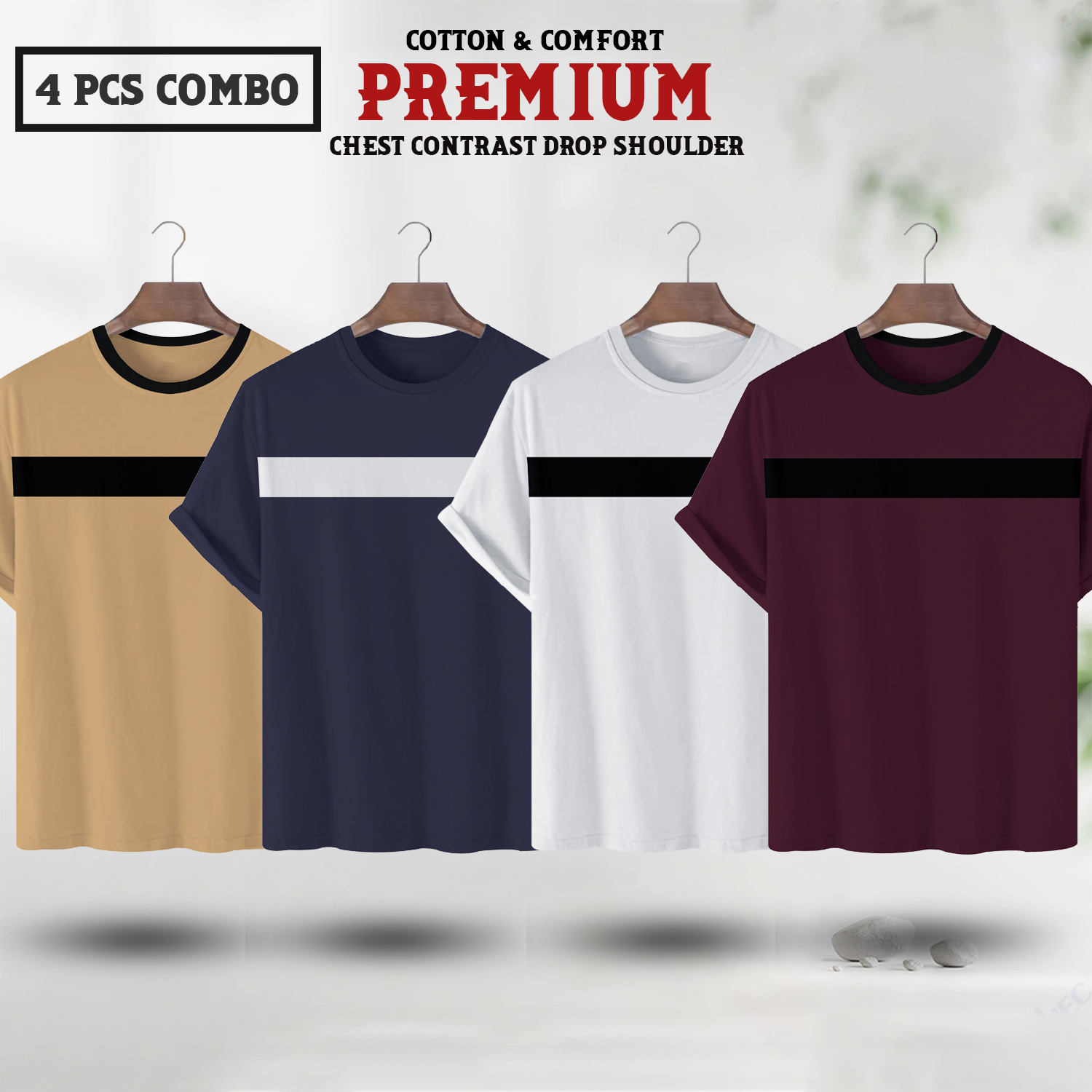 Soft Comfort Drop Shoulder Premium T-Shirt - C1- Brown - C2 - Navy - C3 - White - C4 - Maroon