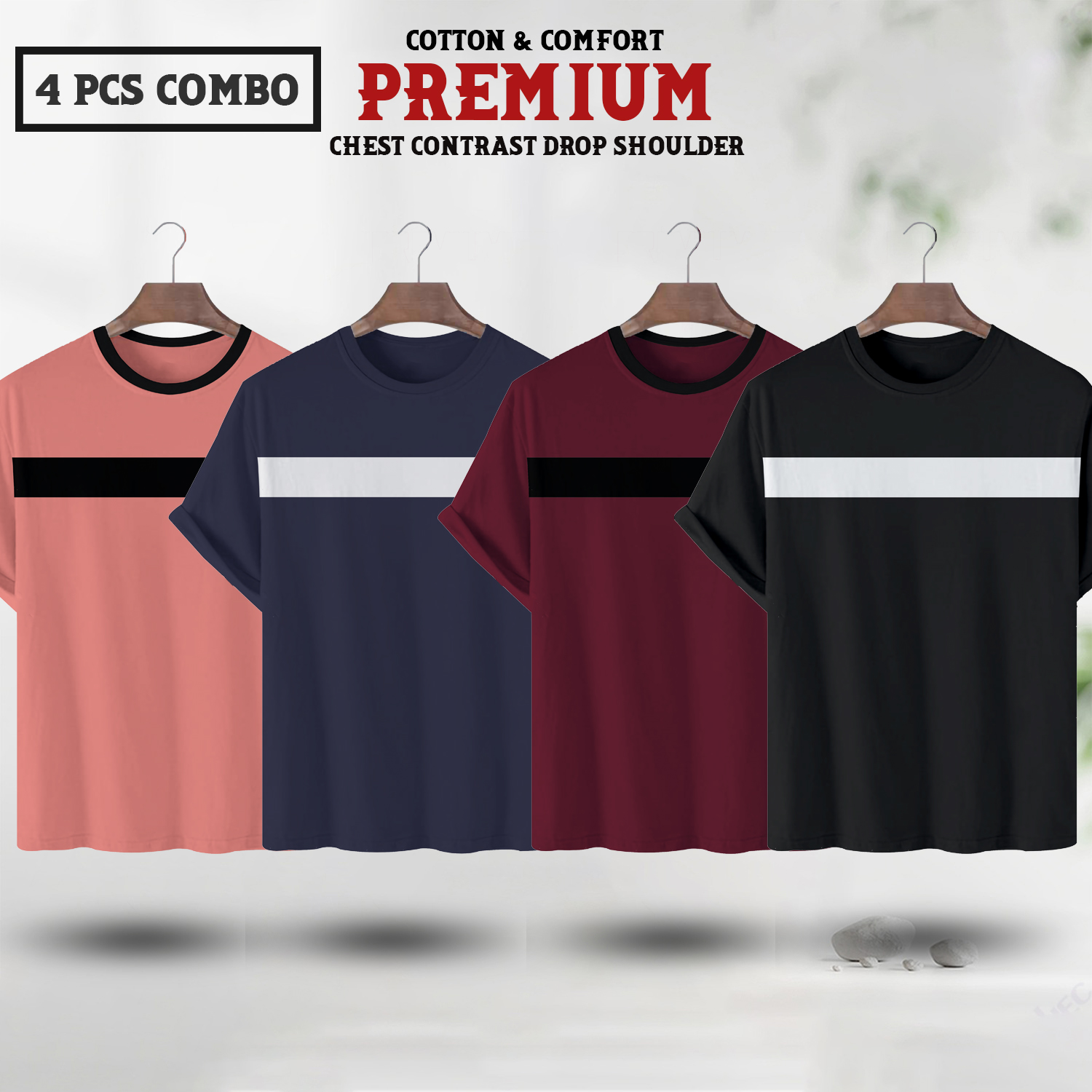Soft Comfort Drop Shoulder Premium T-Shirt - C1- Misty Rose - C2 - Navy - C3 - Maroon - C4 - Black