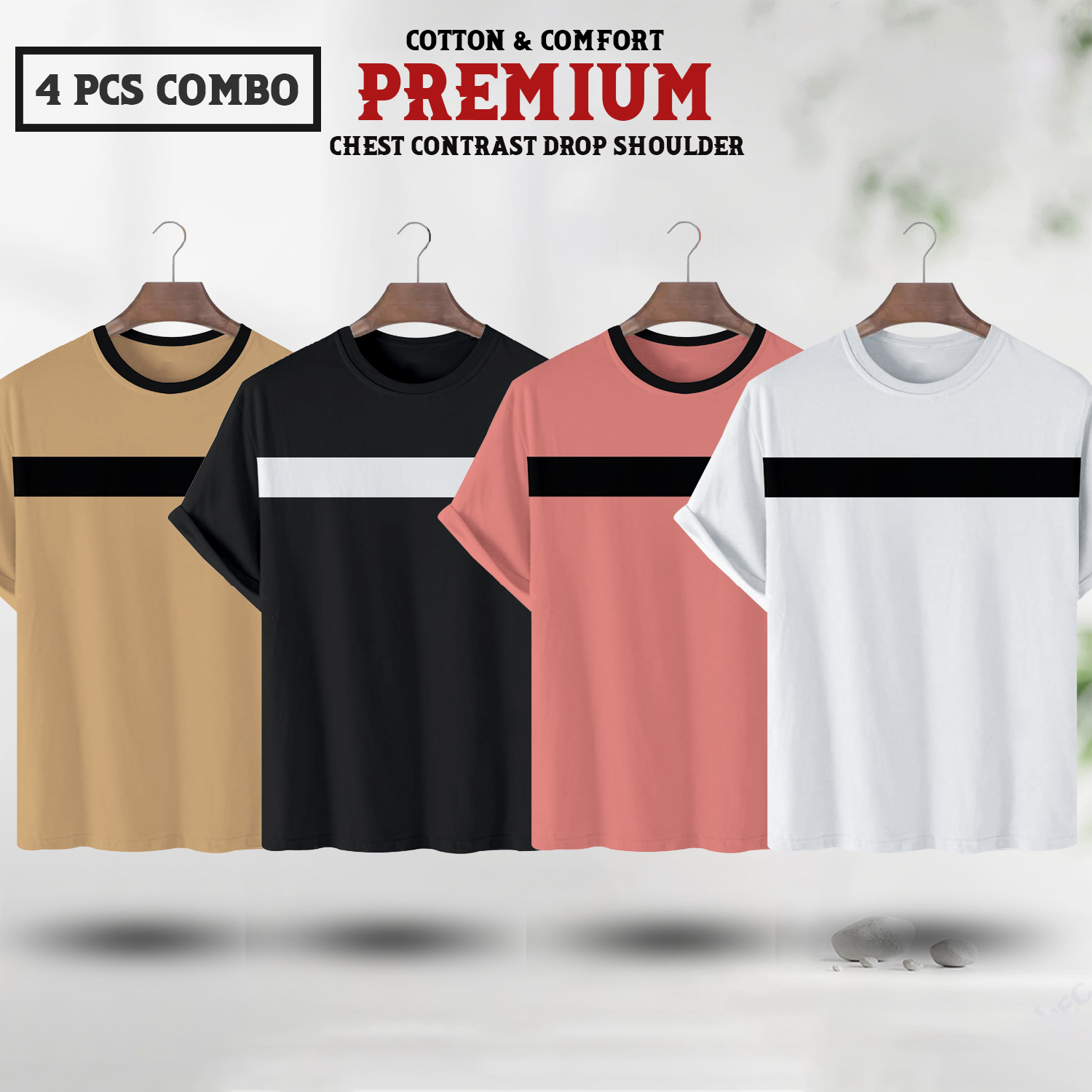 Soft Comfort Drop Shoulder Premium T-Shirt - C1- Brown - C2 - Black - C3 - Misty Rose - C4 - White