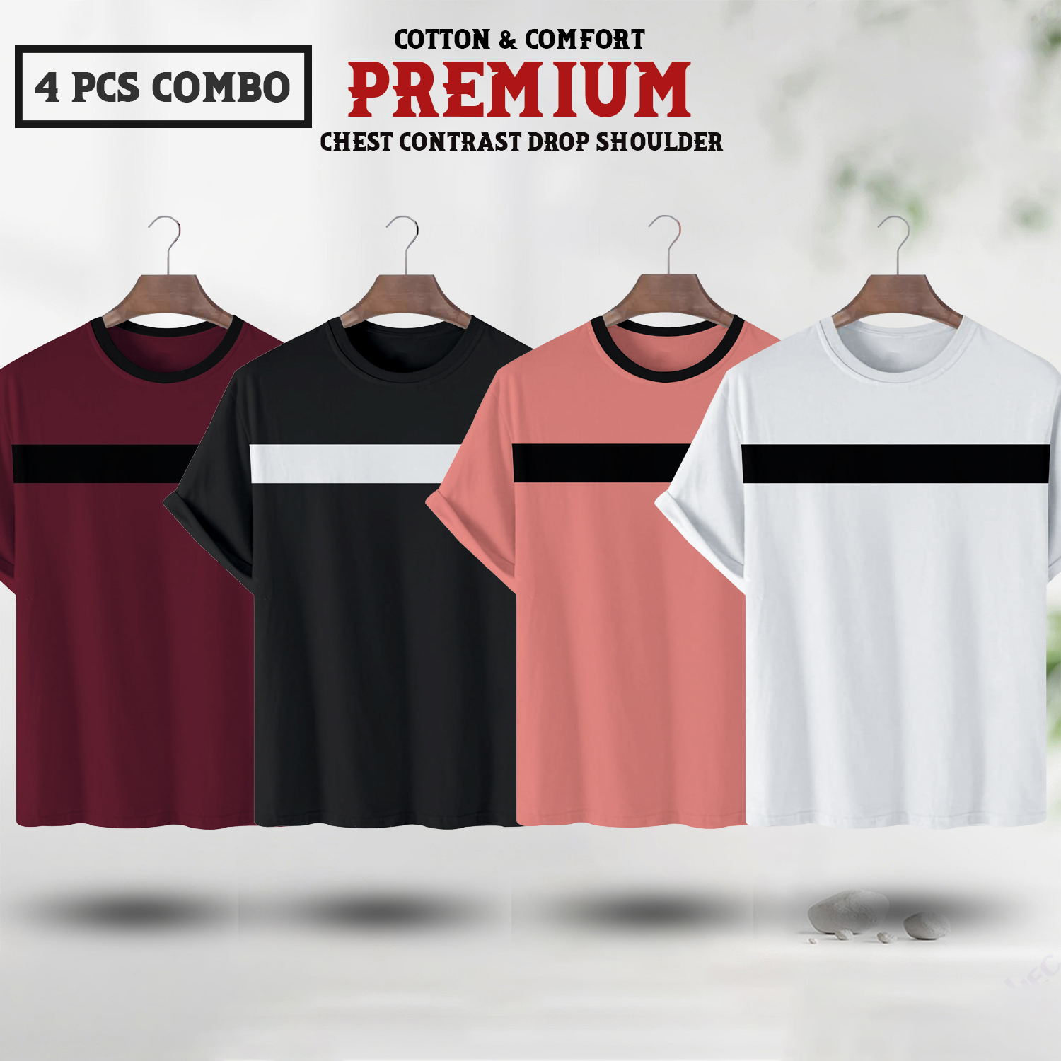 Soft Comfort Drop Shoulder Premium T-Shirt - C1- Maroon - C2 - Black - C3 - Misty Rose - C4 - White