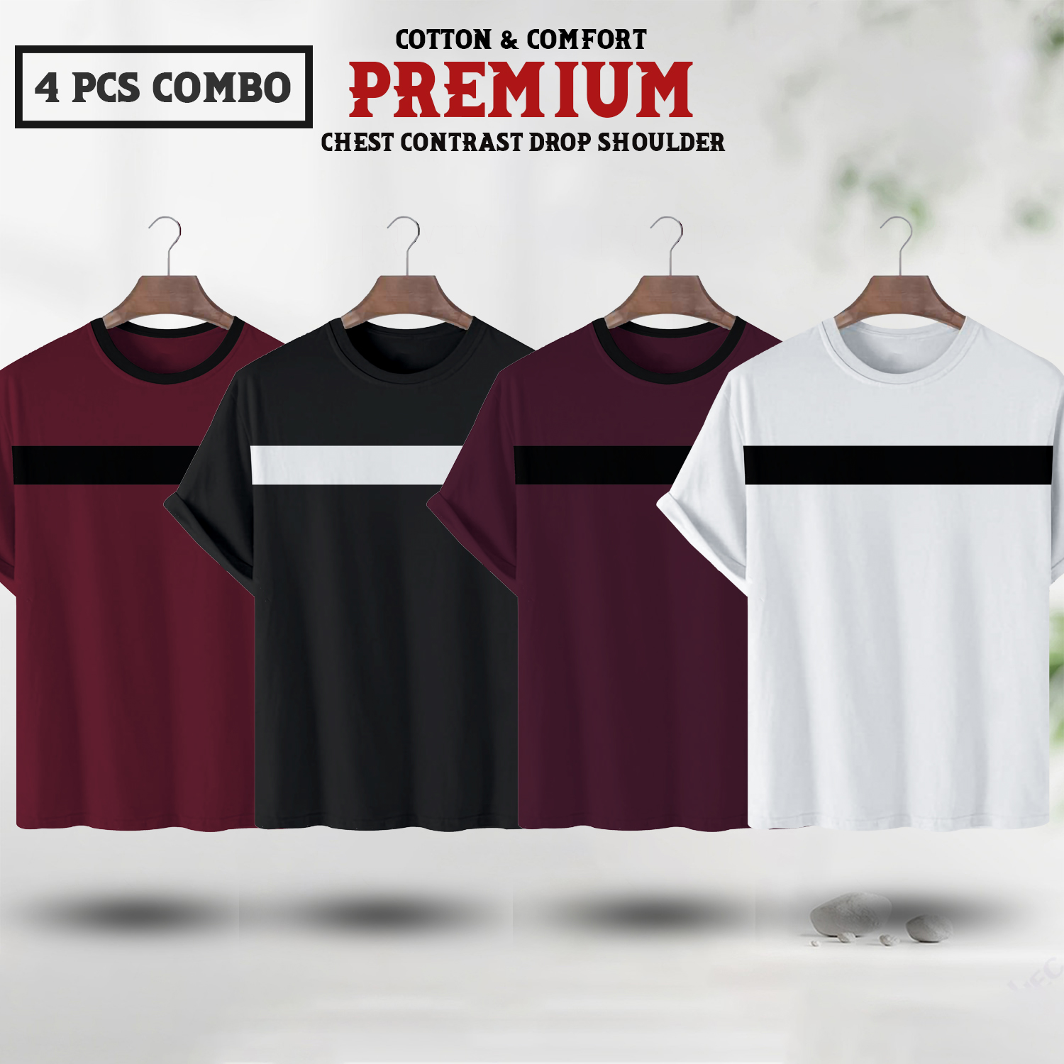 Soft Comfort Drop Shoulder Premium T-Shirt- C1 - Maroon - C2 - Black - C3 - Purple - C4 - White